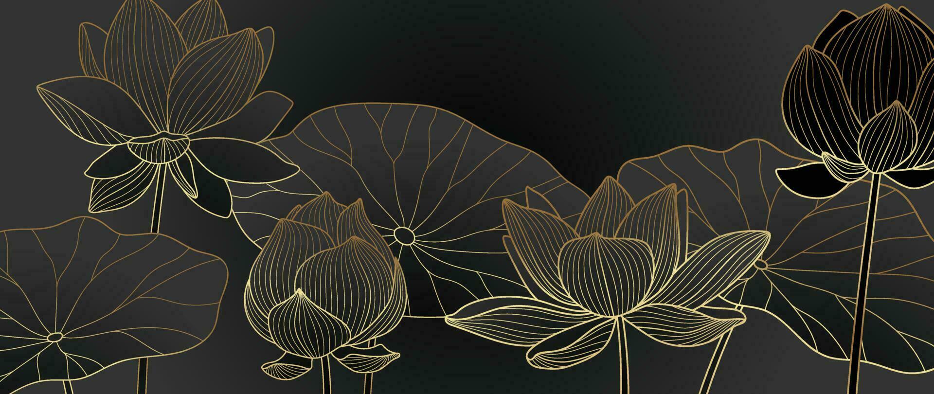 Luxury hand drawn lotus flowers background vector. Elegant gradient gold lotus flowers line art, leaves on dark background. Oriental design for wedding invitation, cover, print, decoration, template. vector