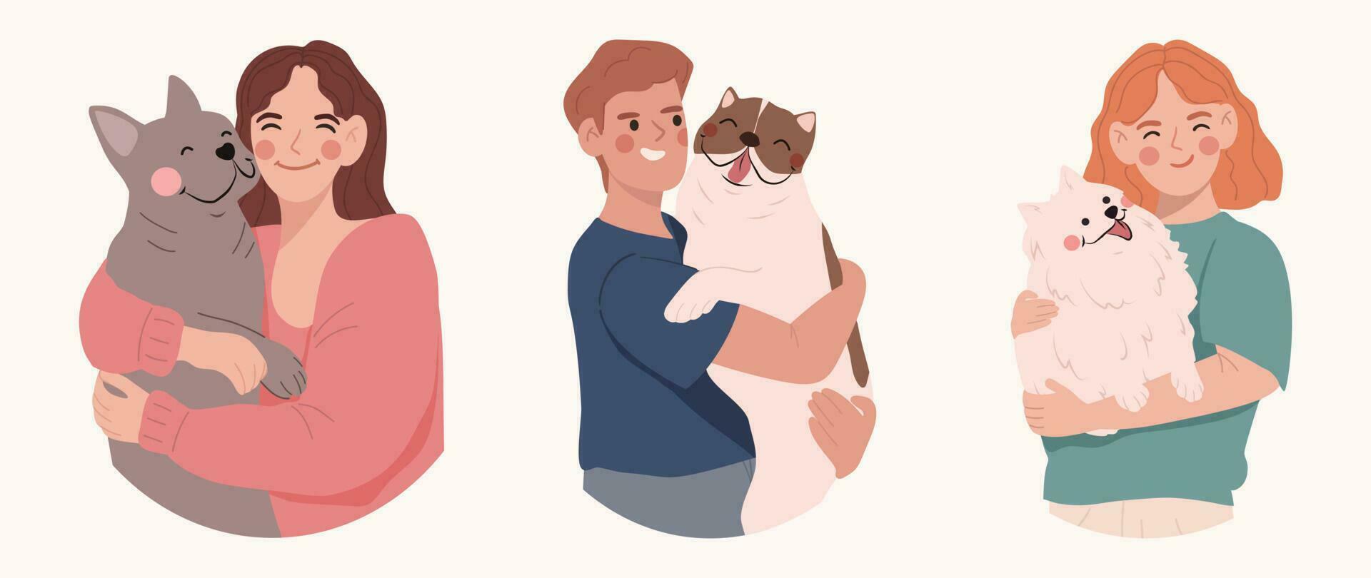 Set of Happy owner and pet concept vector. Flat cartoon characters collection with women, men hugging, hold their dogs. Dog and peoples illustration design for decoration, cover, website, poster. vector