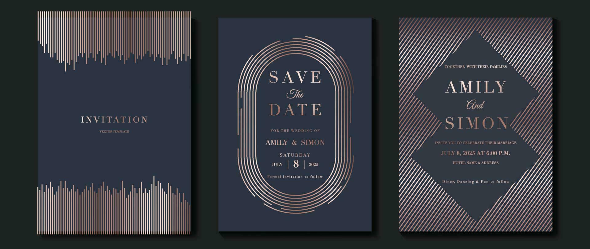 lujo Boda invitación tarjeta antecedentes vector. dorado elegante geométrico forma, Rosa oro líneas en oscuro antecedentes. prima diseño ilustración para Boda y VIP cubrir plantilla, bandera, póster. vector