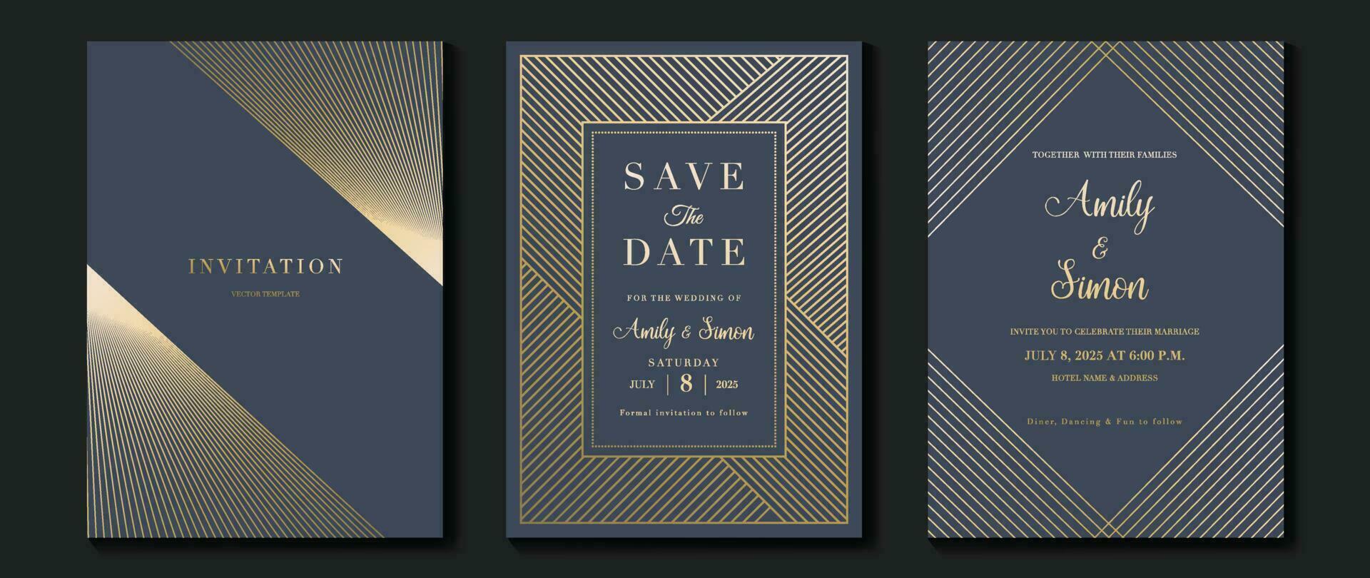 lujo Boda invitación tarjeta antecedentes vector. dorado elegante geométrico forma, oro líneas en oscuro azul antecedentes. prima diseño ilustración para Boda y VIP cubrir plantilla, bandera, póster. vector