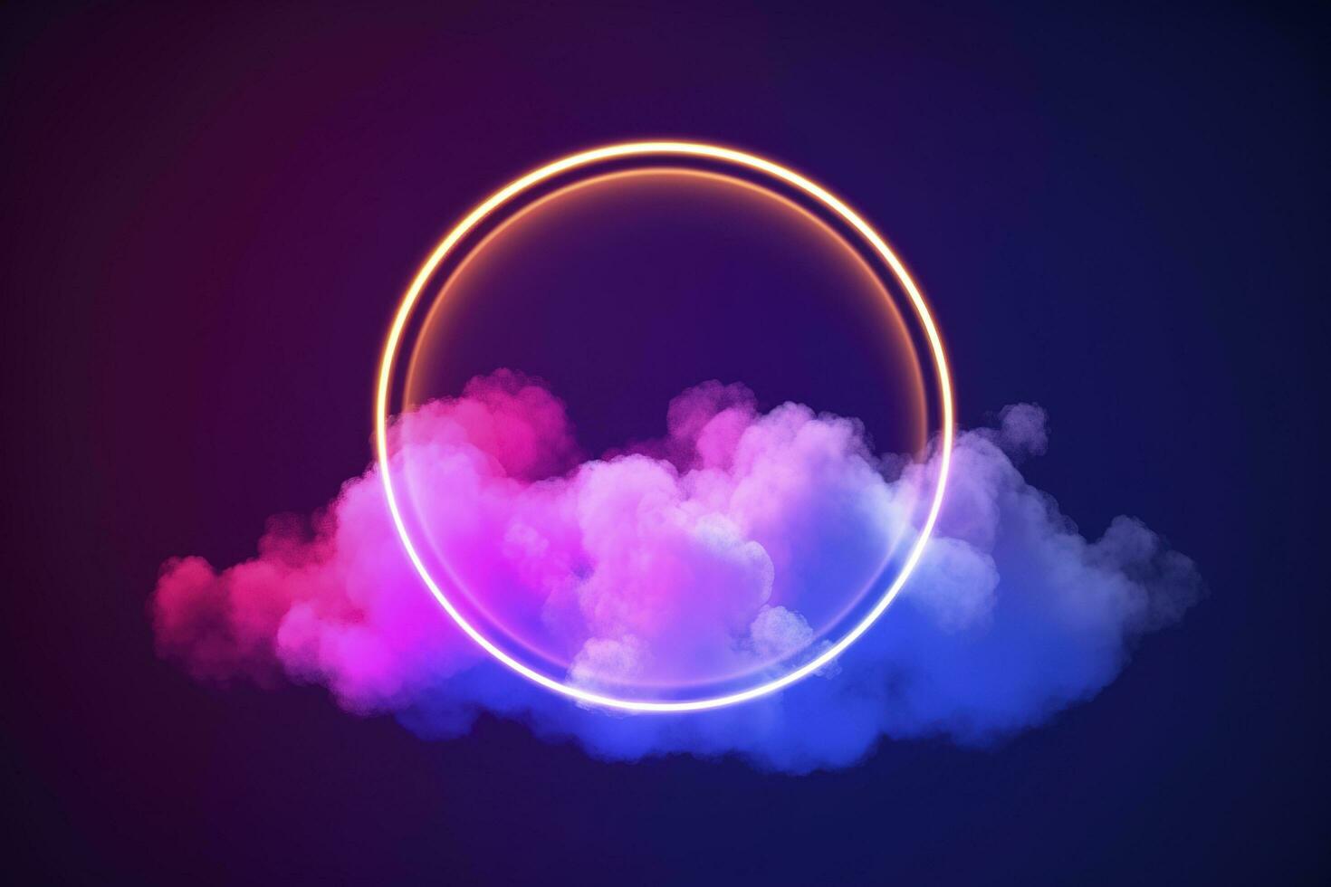 3d render, abstract cloud illuminated with neon light ring on dark night sky. Glowing geometric shape, round frame, generate ai photo