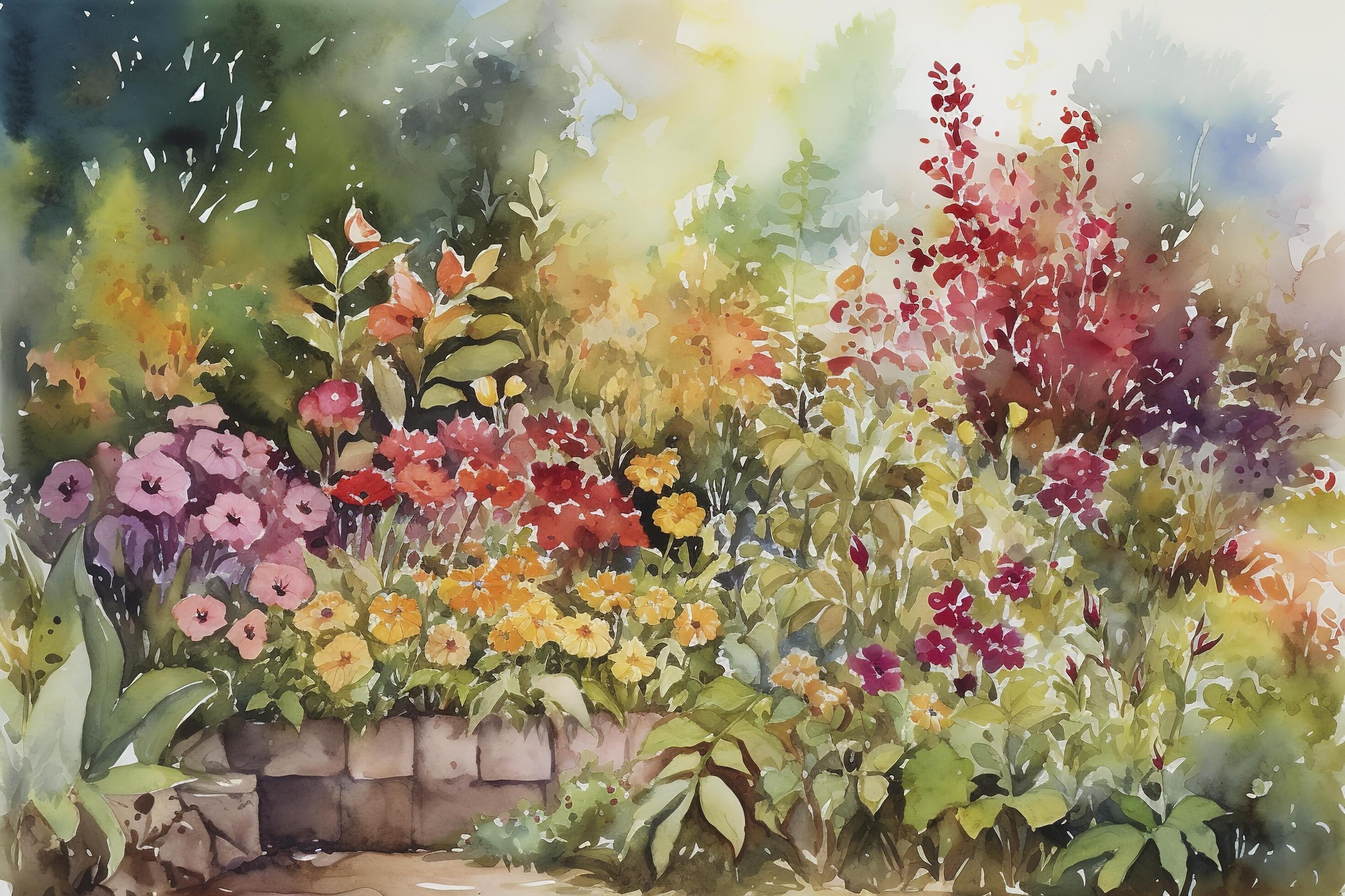 un acuarela pintura de un jardín escena, incluso un variedad de flores