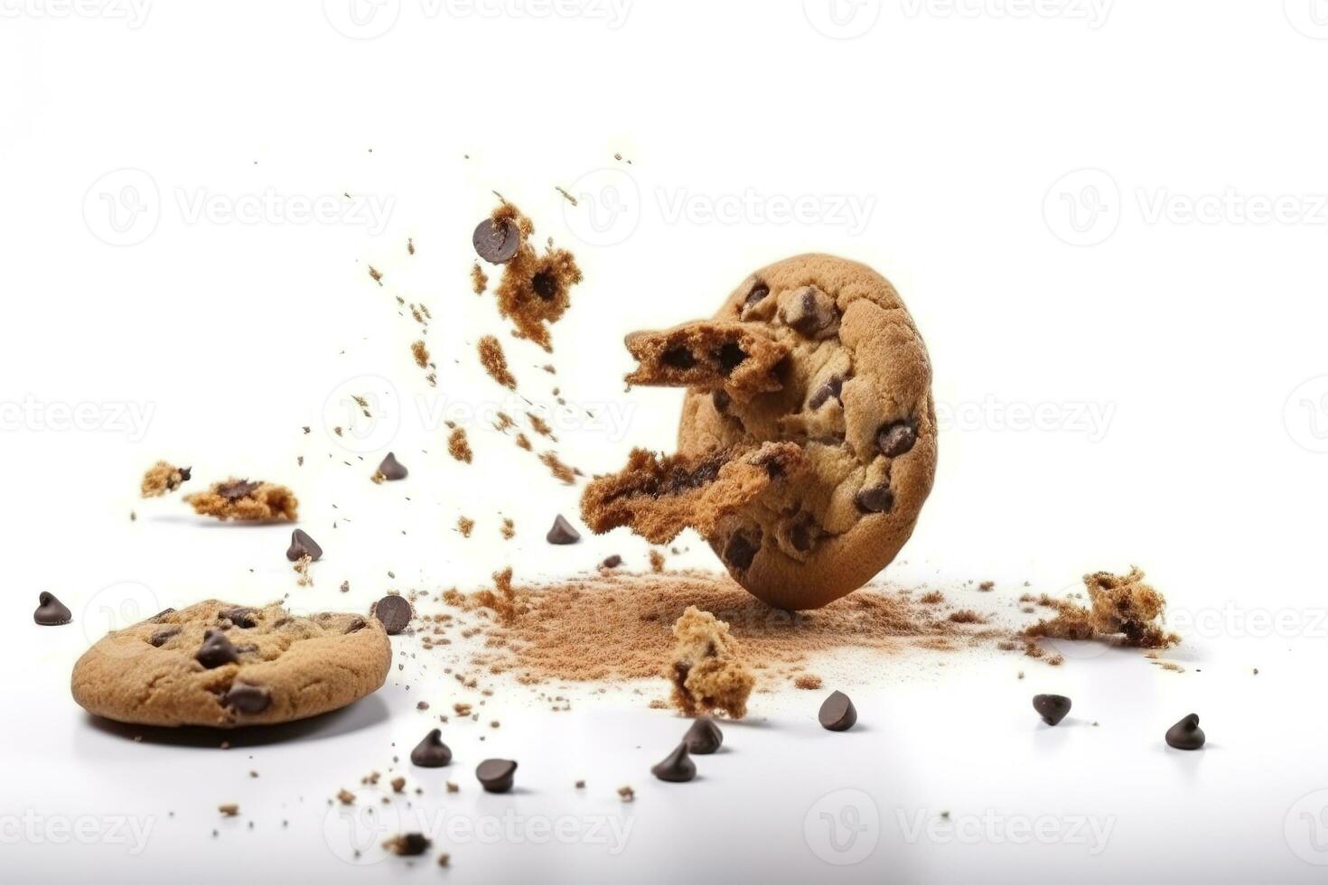 Tasty chocolate chip cookies falling isolated on white background, generate ai photo