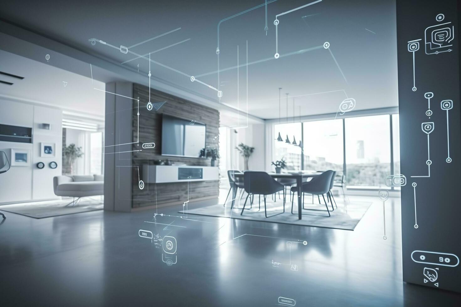 moderno inteligente hogar administración sistemas utilizar aumentado realidad, inteligente edificio, el inteligente hogar aislado fondo, generar ai foto