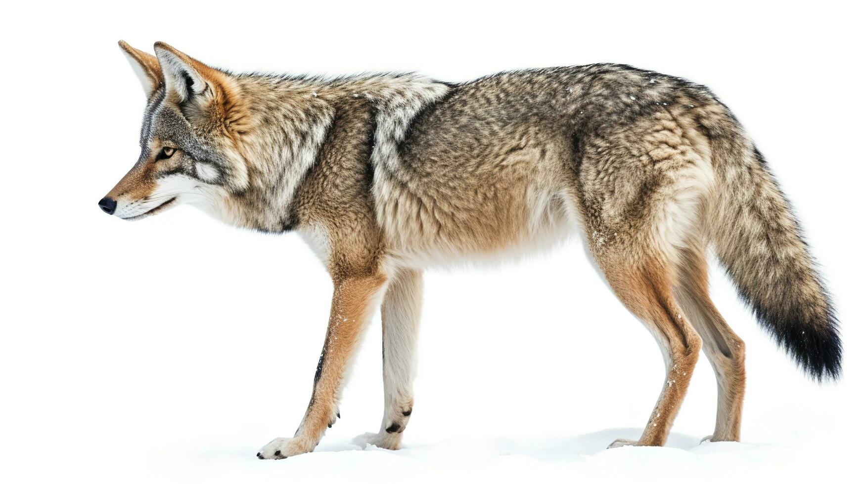 A lone coyote Canis latrans isolated on white background walking and hunting in the winter snow in Canada, generate ai photo