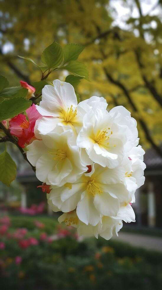 Chinese Suzhou garden, yellow red white begonia flower, petals high definition, detail, full of flowers, beautiful, background clearly visible white fence and windows, generate ai photo