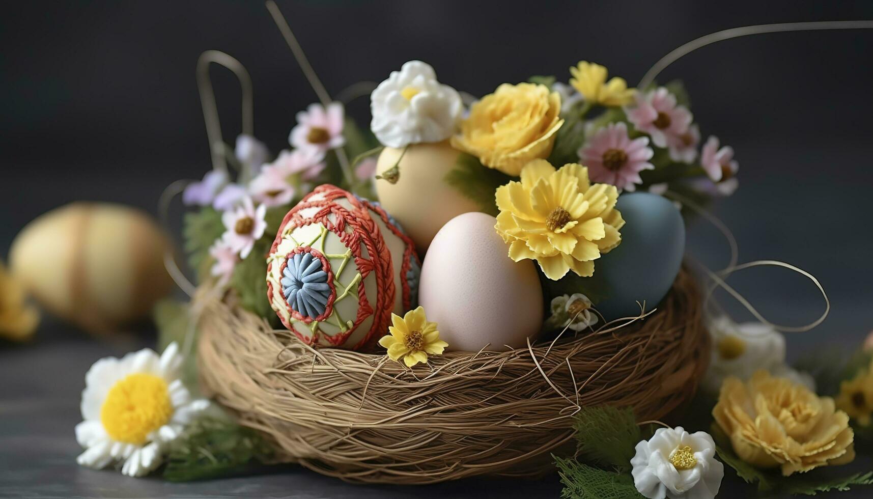 Easter Egg Decoration With Flower Bouquet, generate ai photo