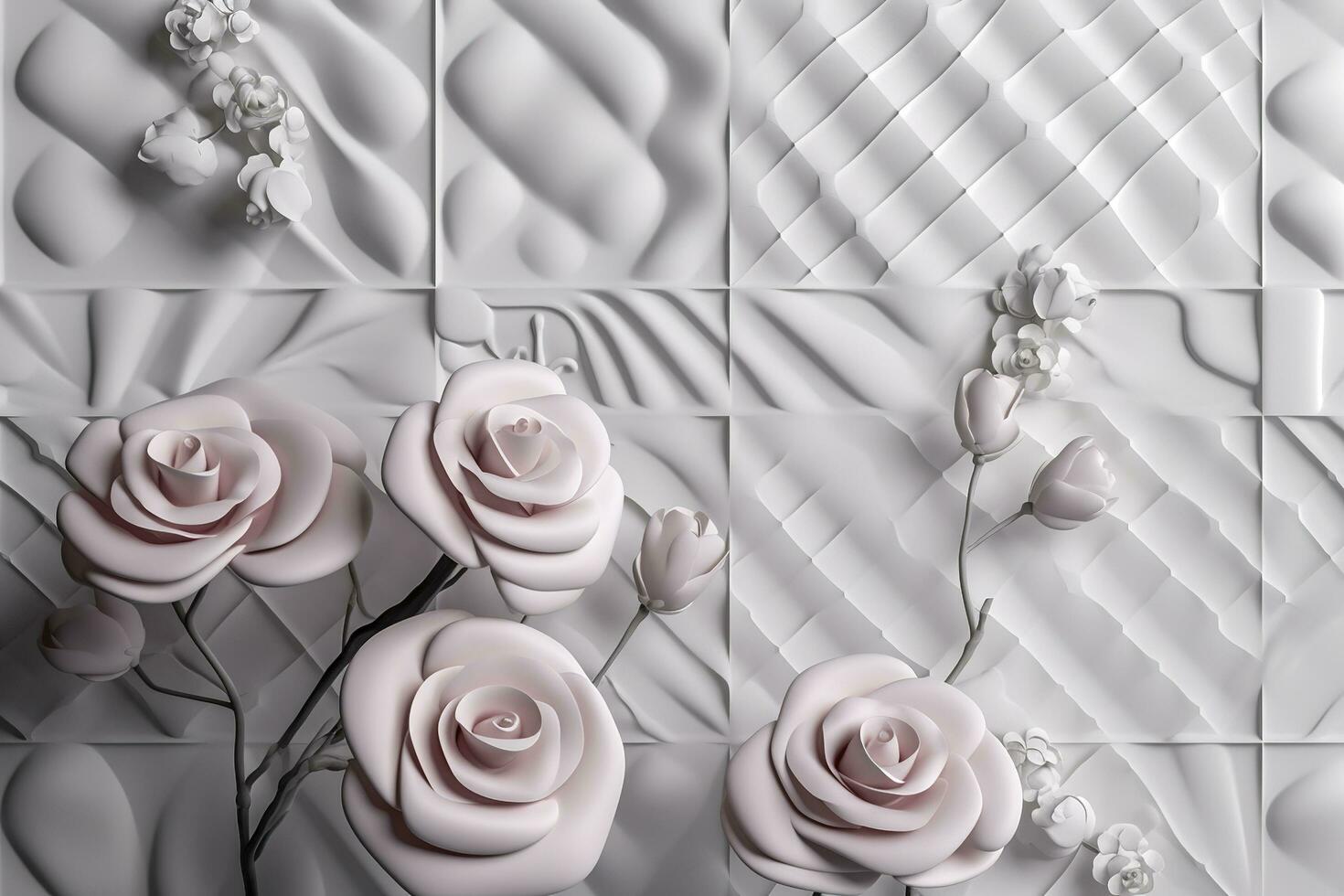 3d classic wallpaper. rose flowers on a light gray background with squares and wavy shapes. for wall home decor, generate ai photo