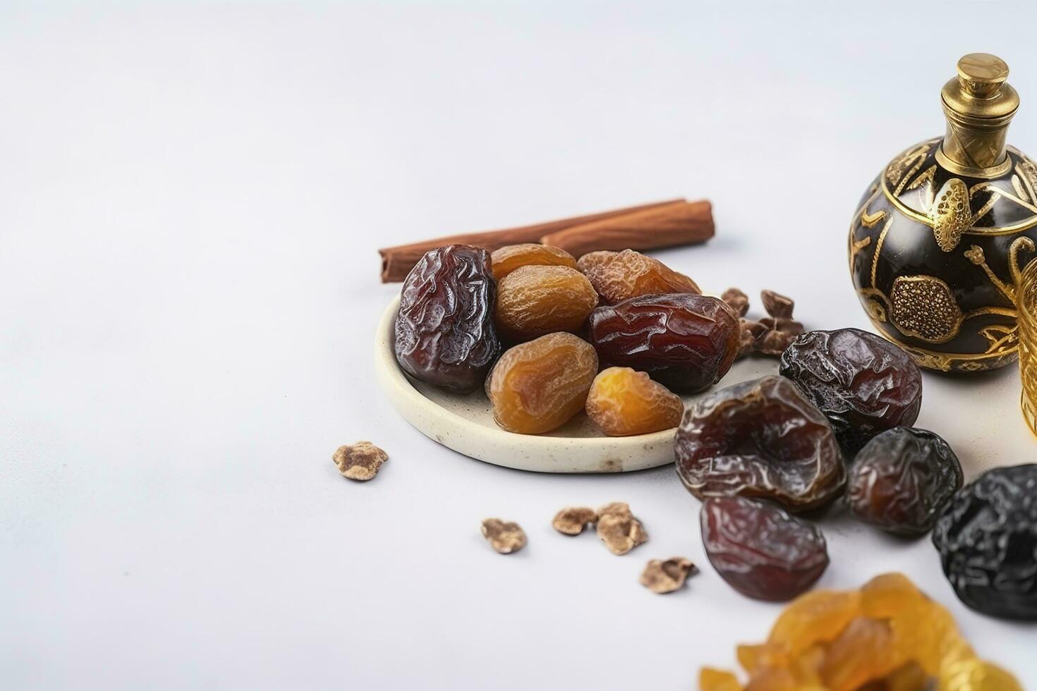 Eid al-Fitr holiday concept with sweet dried dates, fruits and decorations on bright background. Top view from above, generate ai photo