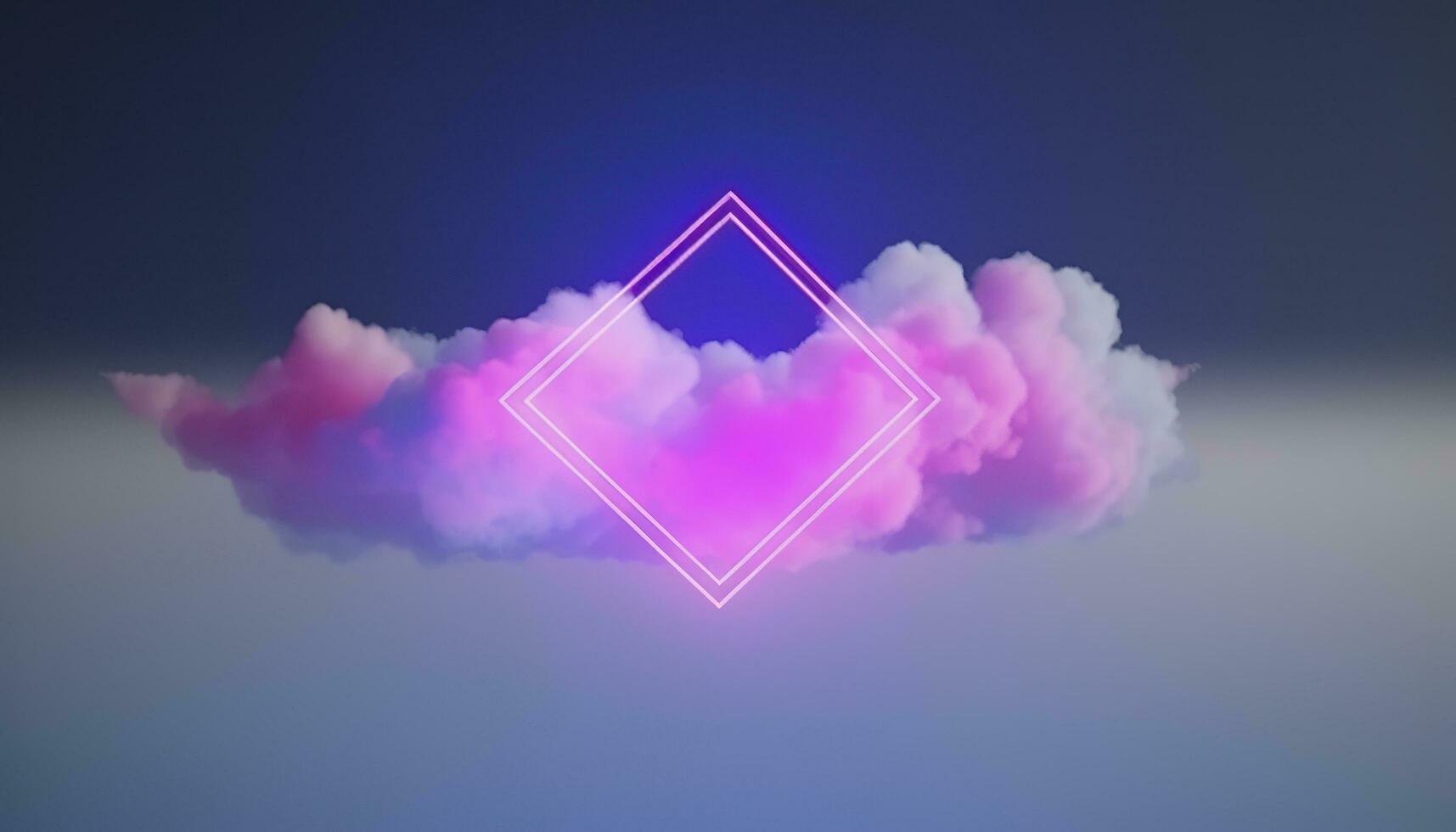 3d render, abstract minimal background with pink blue yellow neon light square frame with copy space, illuminated stormy clouds, glowing geometric shape, generate ai photo