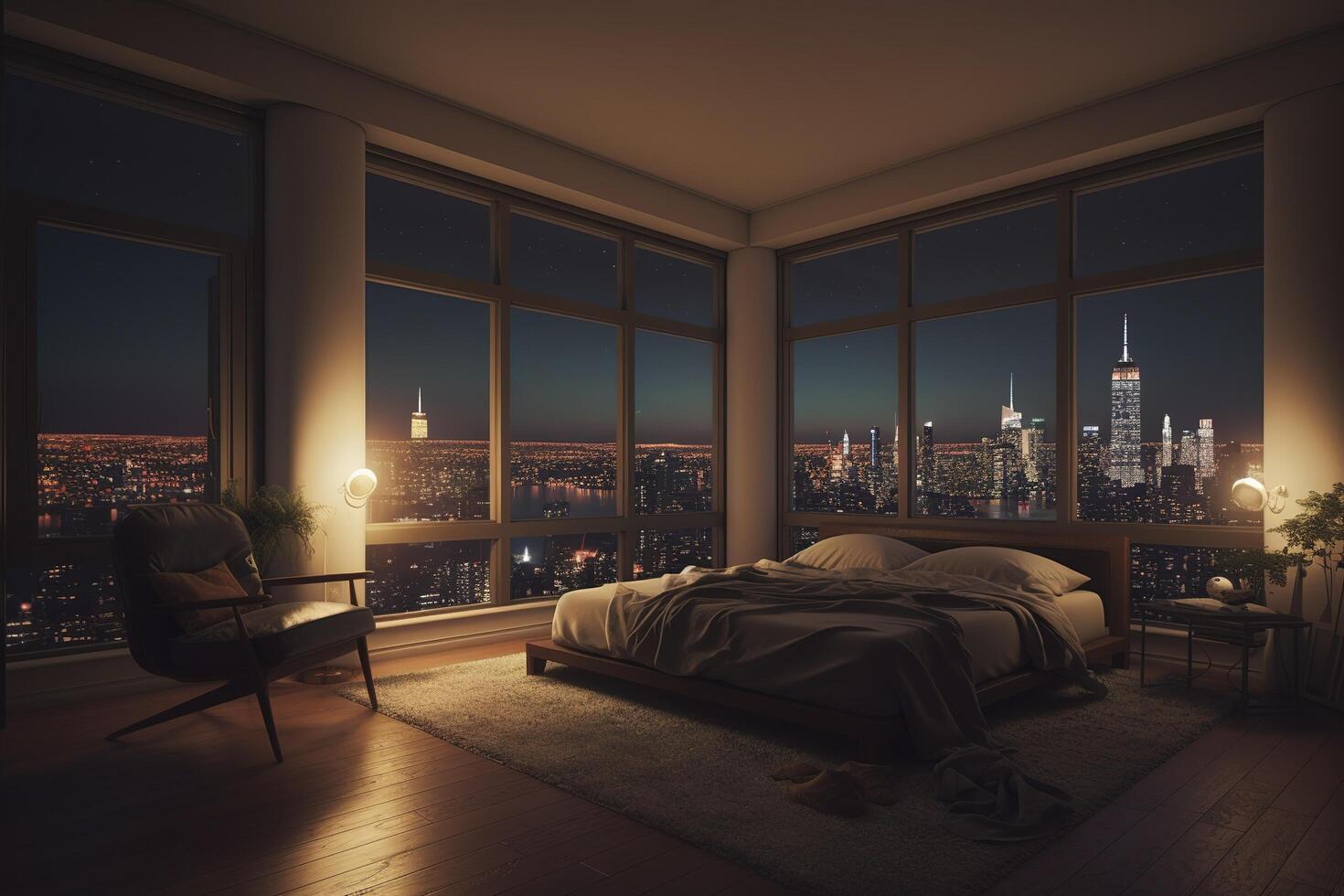 illustration of luxury penthouse bedroom at night photo