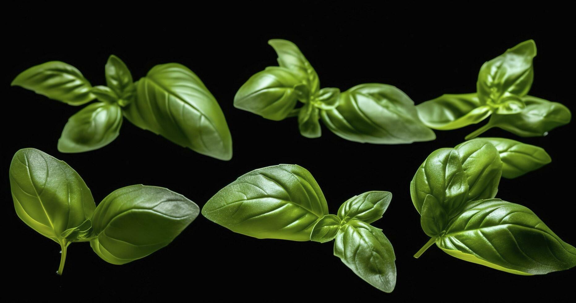 Green fresh basil close-up on a black background. poster, generate ai photo