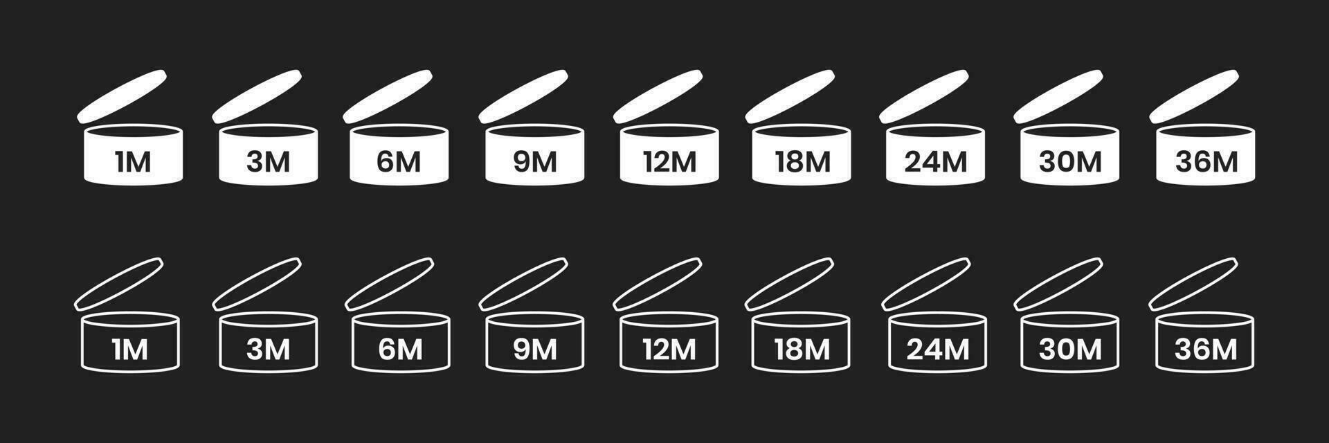 PAO, period after open icon sign set flat style design vector illustration isolated on black bd.