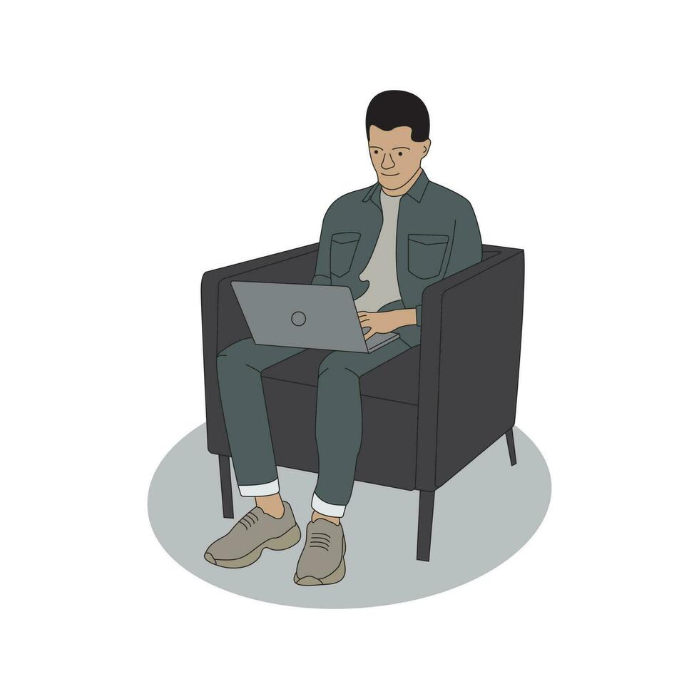línea arte, un hombre sentado en un sofá trabajando en un computadora vector