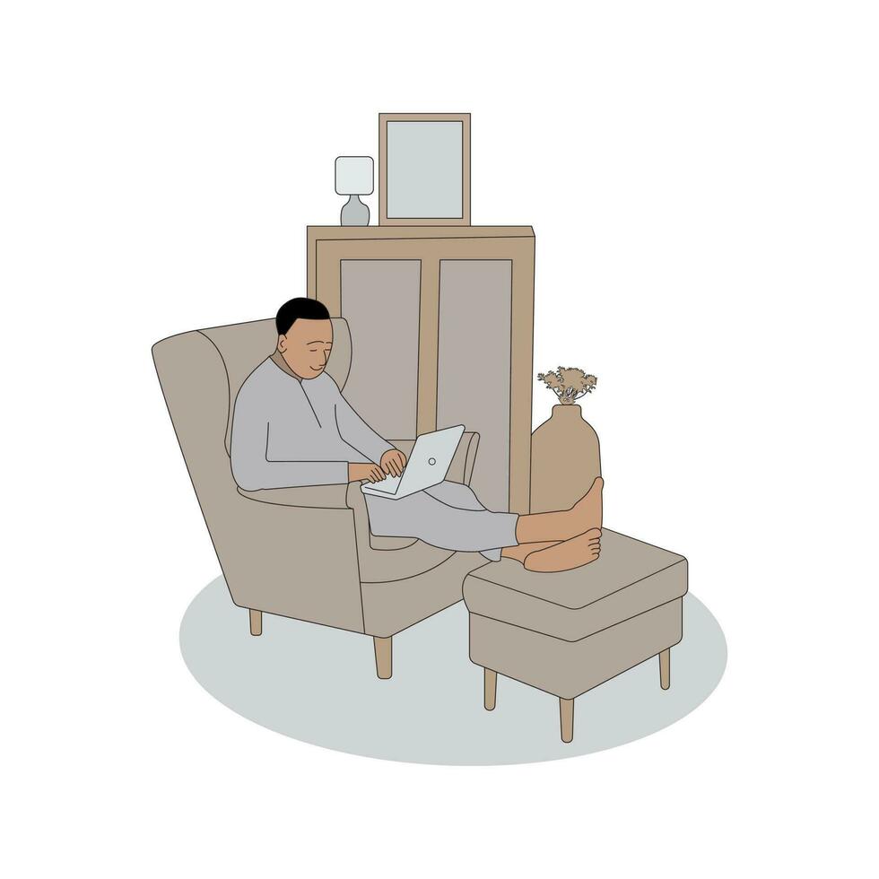 Line Art, a man working on a computer in his home vector
