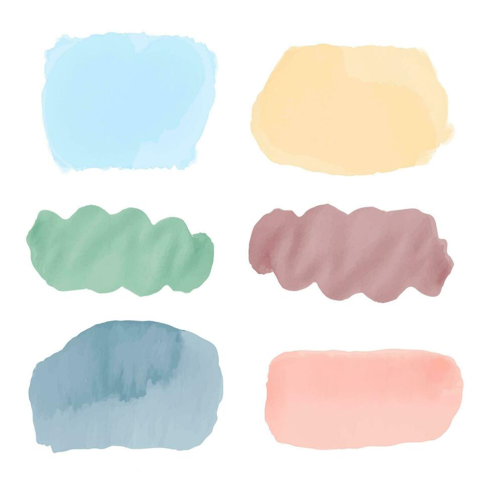 Set of abstract watercolor water splash on a white background. Vector watercolour texture in different colors. Ink paint brush stain. Watercolor pastel splashes. Vector banner backgrounds set.