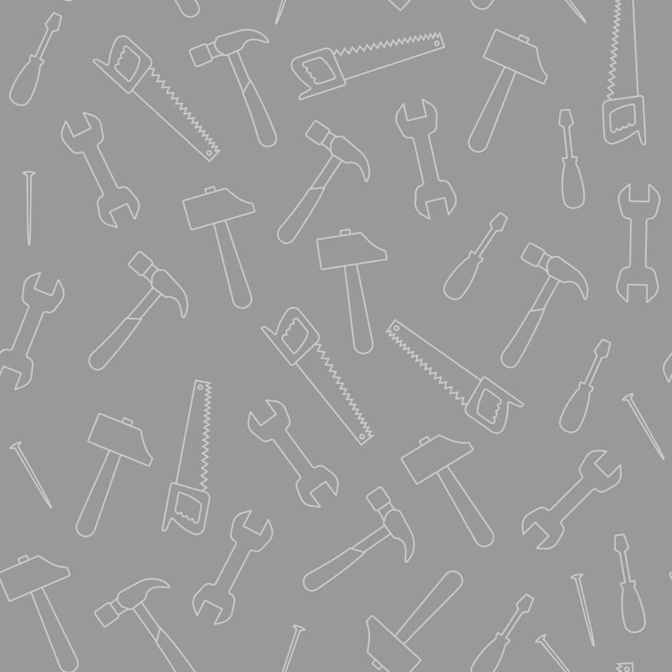 Seamless pattern with tools for repair, building tools. Saw screwdriver nail hammer wrench. For textile, backgrounds, placards, web banner. Vector illustration.