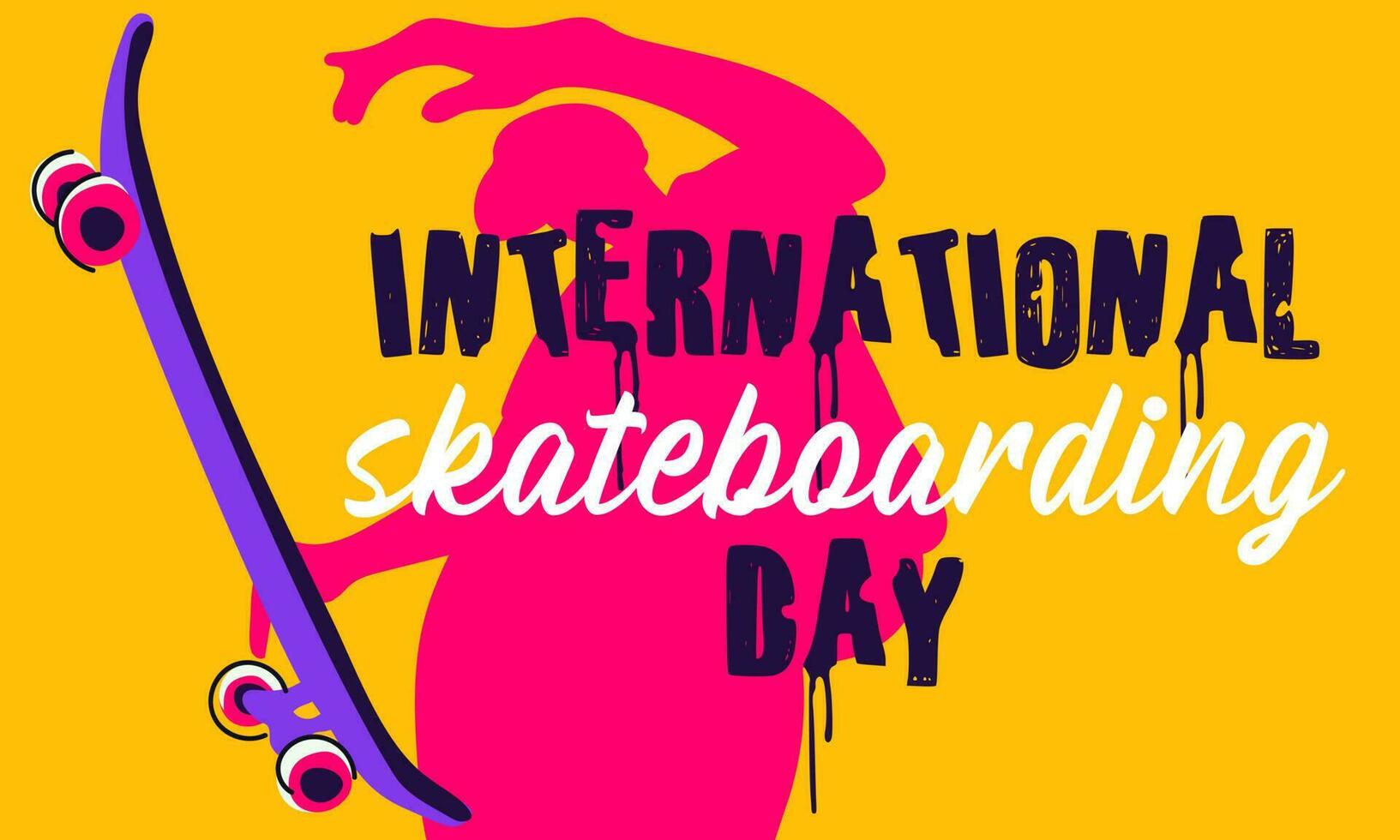 Banner of the International Skateboarding Day. The silhouette of a guy with a skateboard makes a jump on pink. Skateboard tricks, board riding, jumping. Skateboard June 21 horizontally vector