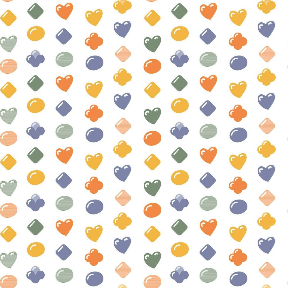 Seamless pattern of primitive shapes for children with a small volume. Square, rhombus, flower, circle, heart. Hand-drawn, retro design. Elements for web, scrapbooking, stickers, wallpaper. Gentle vector