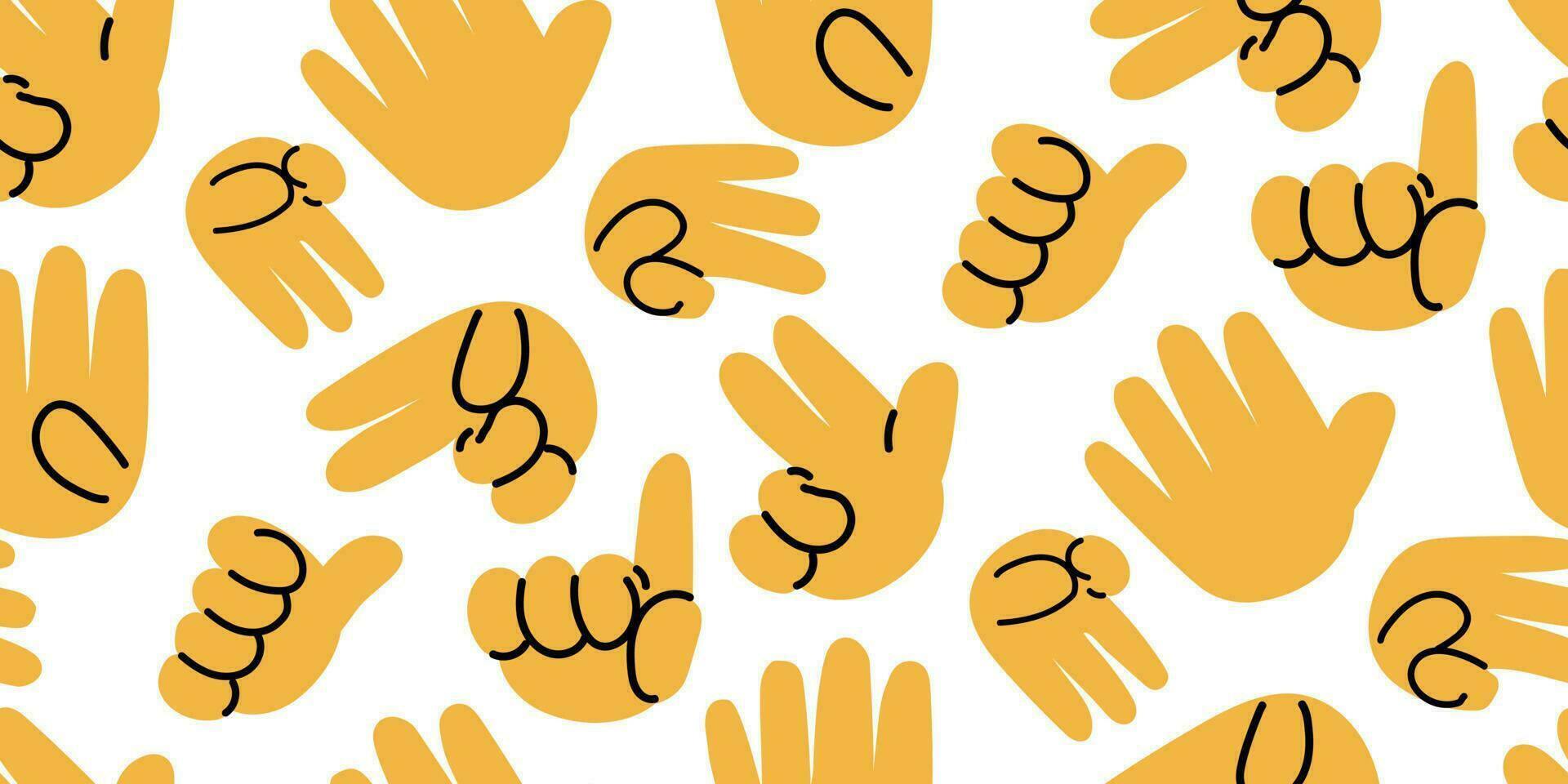 A pattern of signs with the hands of counting up to five. Repeated curved fingers like numbers. Round yellow cartoon hands with a contour on a white background. Children's hand, training. Printing vector