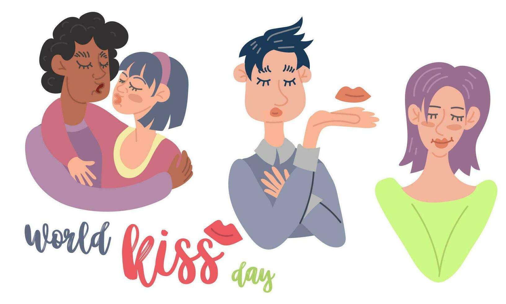 World Kissing Day. Two couples, one hugs and kisses, and the second flirts and blows a kiss. valentine's day. Children's illustration about love For printing, posters, postcards A gift for a loved one vector