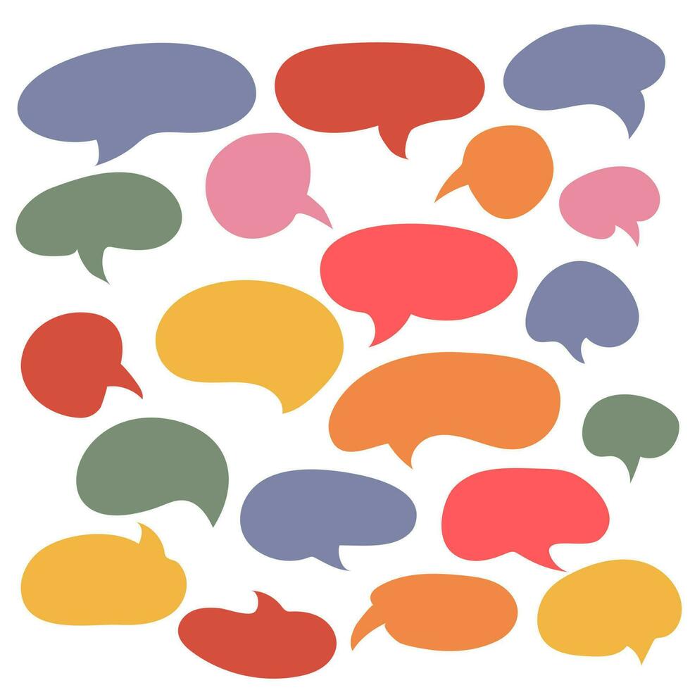 A set of speech bubbles of different colors and shapes. A set of balloons with doodles for inscriptions. A set of flat lamps in style for dialogue, conversation, talking with cartoons and comics vector