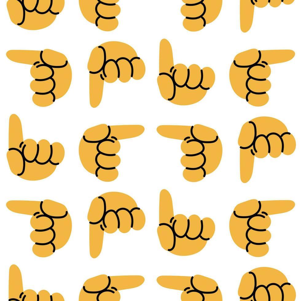 A pattern of signs with hands up, down, right, left. Repeated finger directions. Round yellow cartoon hands with a contour on a white background. Youth slang. Printing on textiles and paper vector