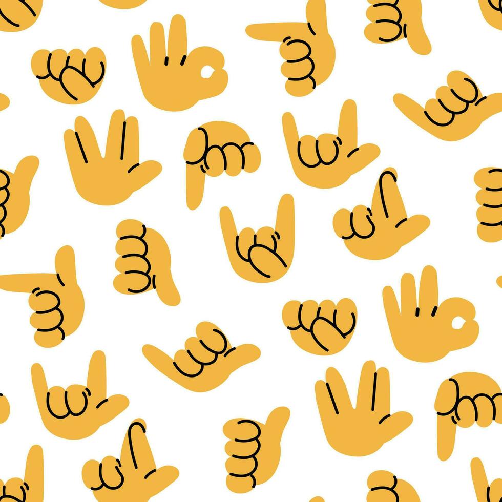 A pattern of hand signs rock, love, support, hold on, ok, star wars, up, down, class and others with a black outline on a white background. Cartoon hands. Printing on textiles and paper vector