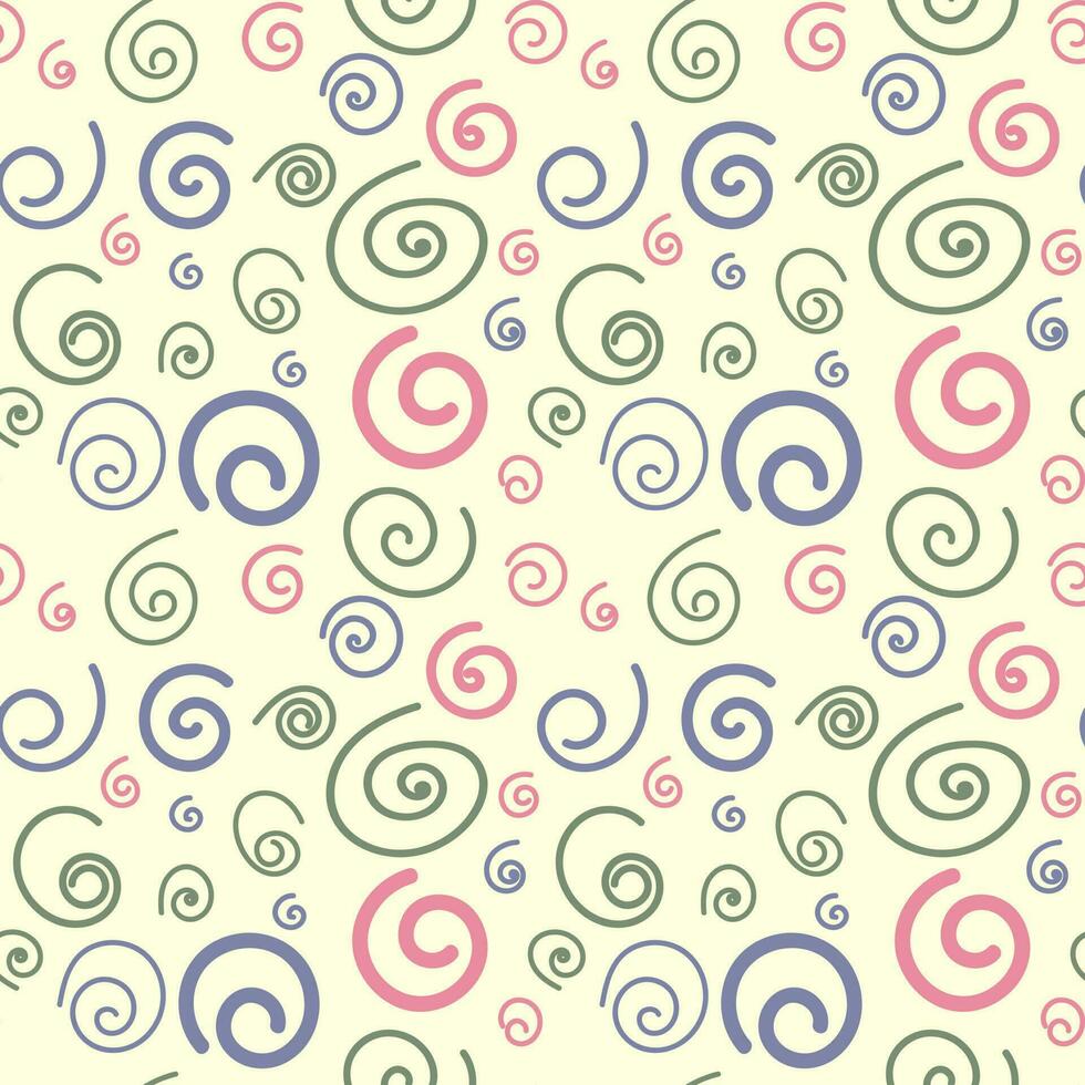 Abstract seamless pattern with colored coils on a white background. Falling spinning ovals. Vector textured illustration for festive wrapping paper, textiles or wallpaper