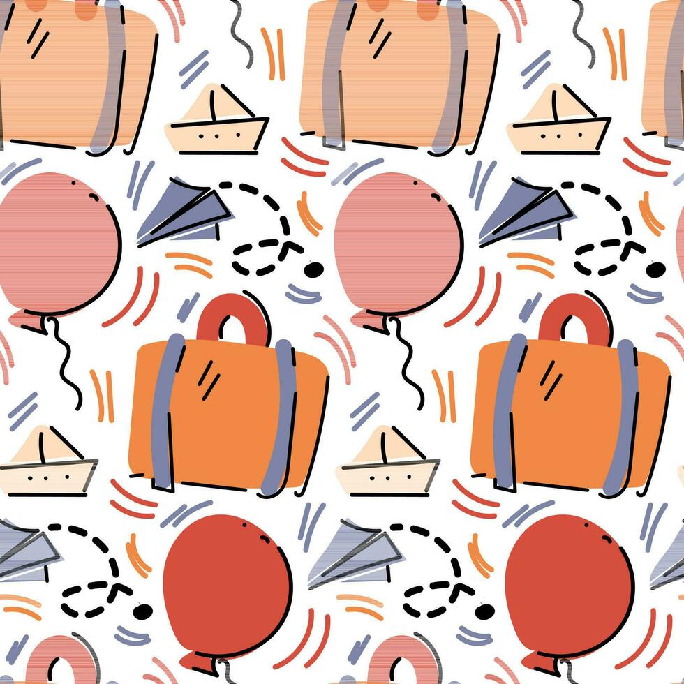 A pattern of cute little stickers with stylish illustrations in the travel theme. Seamless background with fashionable cozy elements. Ideal for printing on textiles and paper. Decoration for the store vector
