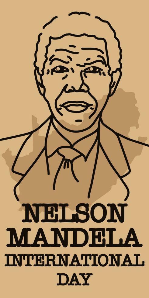 nelson mandela internacional día. valores vector ilustración. contorno retrato de un grave hombre en contra el antecedentes de el contornos de sur África. derechos, fortaleza, victoria, igualdad, marrón