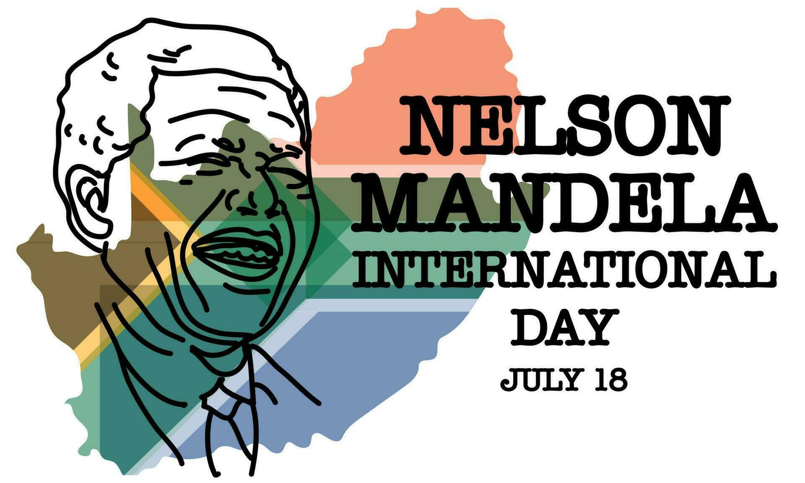 Mandela International Day. Stock vector illustration. Contour portrait of a laughing man against the background of the flag and the outline of the map. Rights, strength, victory, equality