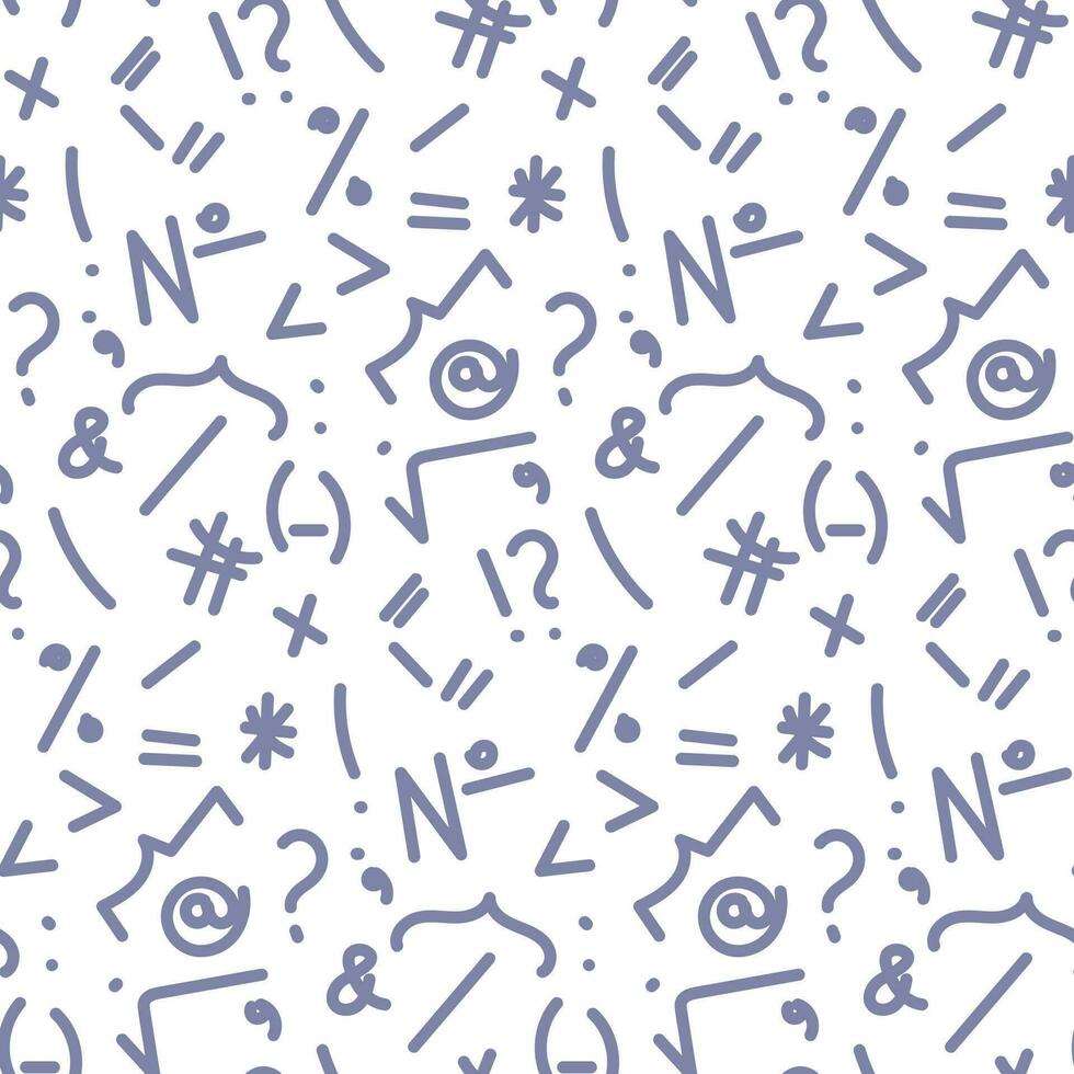 Vector seamless punctuation pattern. Hand-drawn scribbles with a blue pen. Question mark, Exclamation mark, Brackets, quotation marks, plus, multiplication, dog. Printing on textiles and paper