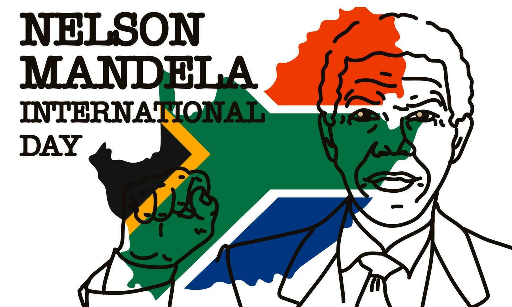 Nelson Mandela International Day. Stock vector illustration. contour portrait with raised hand against the background of the flag and the outline of South Africa. Rights, strength, victory, equality