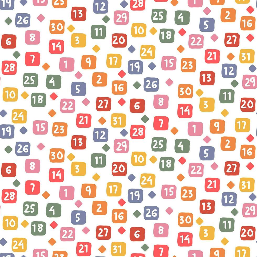 Color pattern of numbers in retro colors. Printing on textiles and paper. A scattering of square shapes with numbers and rhombuses forming a texture, background cover. Fat illustration. School vector