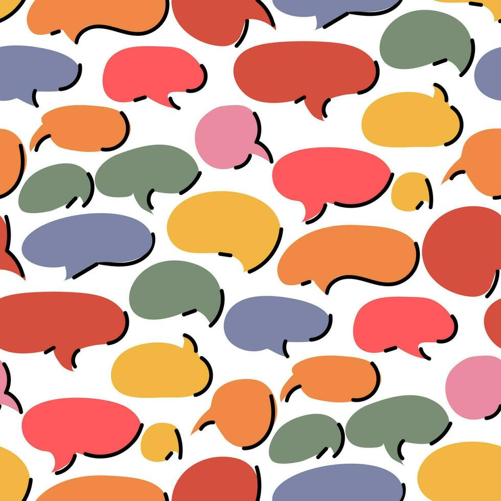 A pattern of speech bubbles of different colors and shapes with a black glare. Background of balloons for inscriptions. A set of flat lamps in the style of dialogue, conversation, cartoons and comics vector