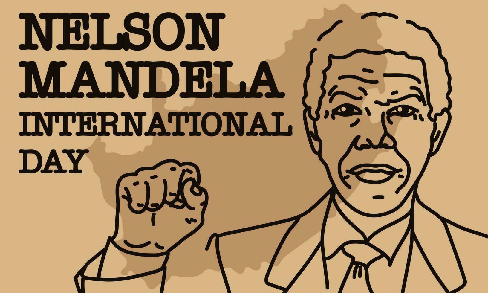 Nelson Mandela International Day. Vector illustration. Contour portrait with raised hand against the background of the outline of South Africa. Brown shades. Rights, strength, victory, equality