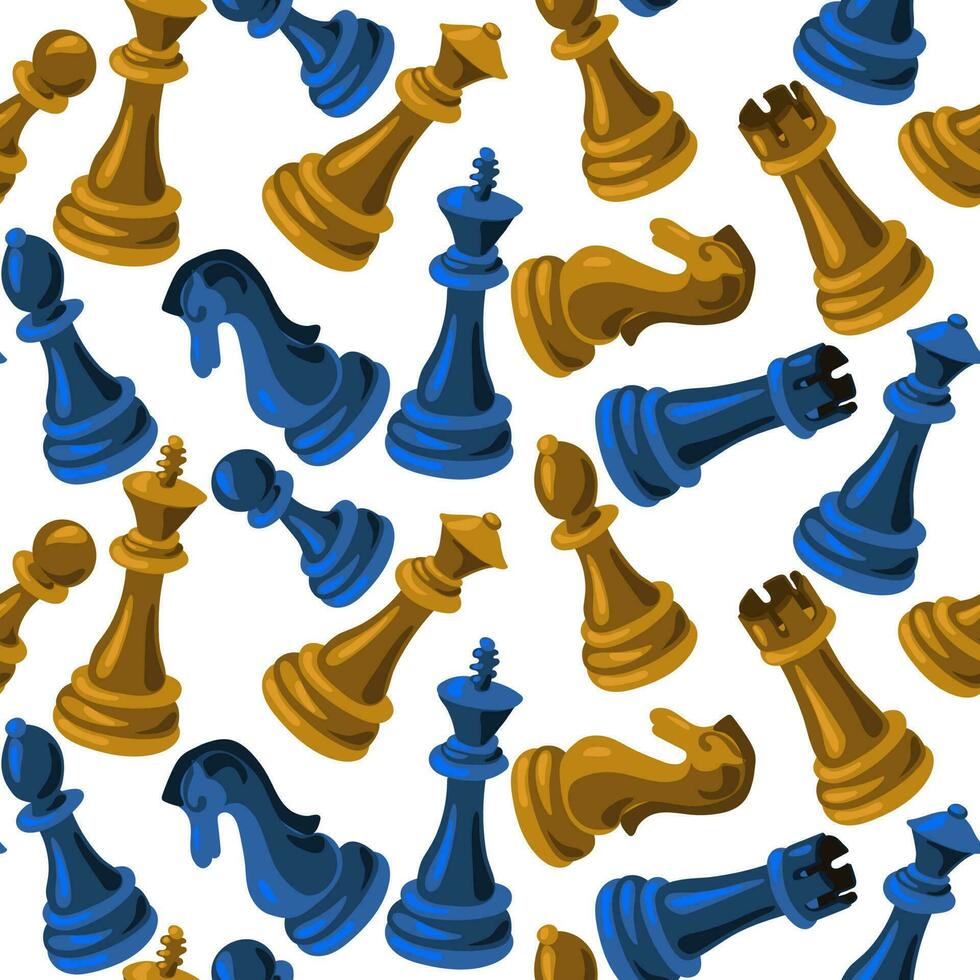 Seamless pattern with chess pieces on a white background. Sports background, hand-drawn in a children's style. Blue-yellow vector illustration for the design of sports chess projects. Printing paper