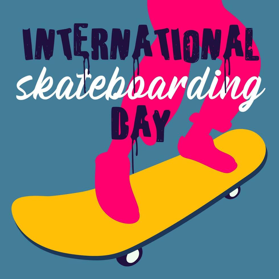 Poster of the International Skateboarding Day. The silhouette of pink legs of a girl with a skateboard rides on a blue background. Skateboard tricks, board riding, jumping. Skateboard on June 21 vector