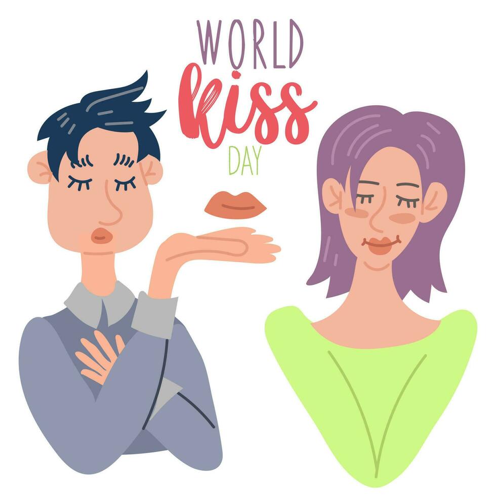 World Kissing Day. A man blows a kiss to a woman. valentine's day. Abstract illustration of love. Magical feelings. For printing, posters, postcards. A gift for a loved one. Square banner vector