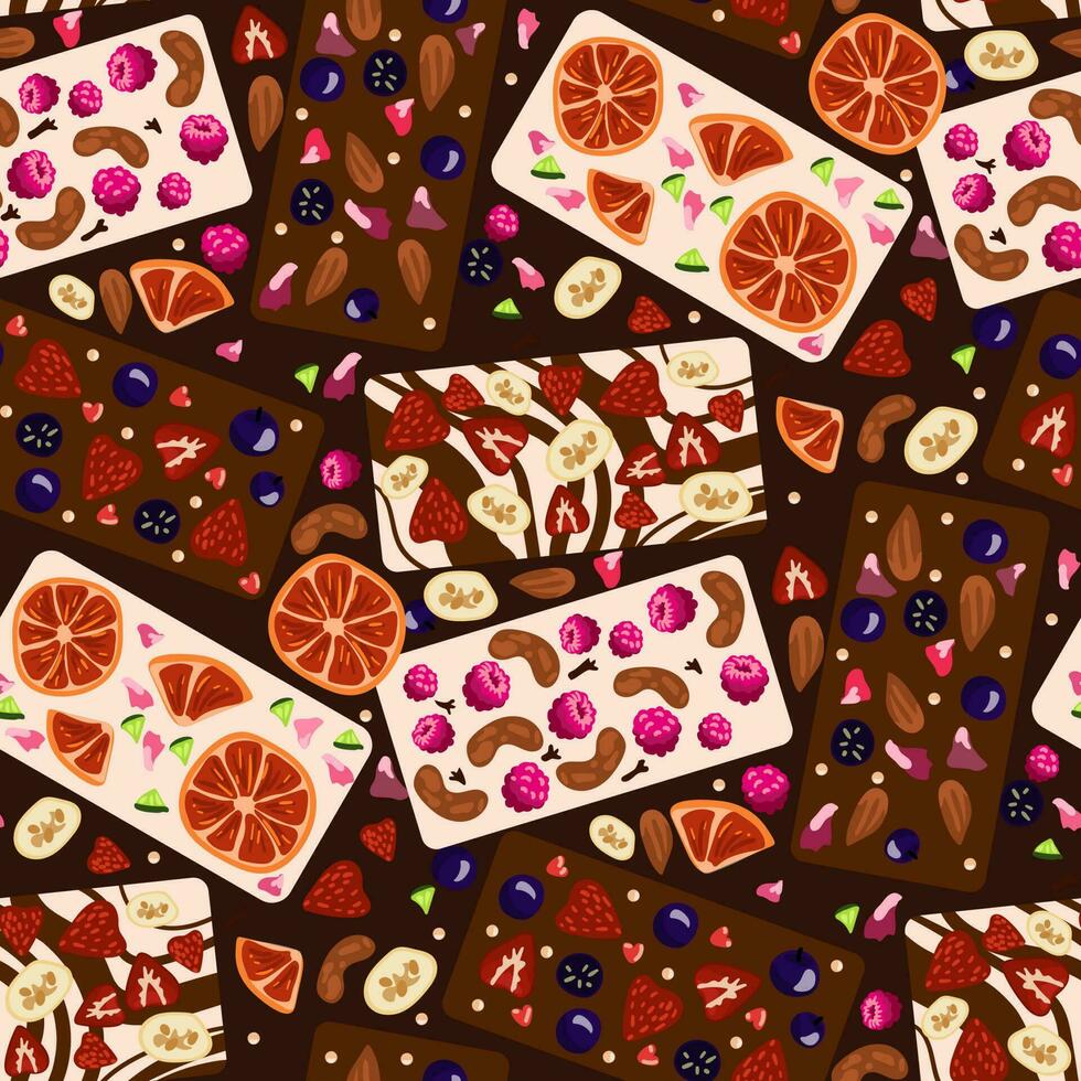 A pattern of dark and white chocolate tiles with decorative fruits and berries. Chocolate bars with handmade decor. Seamless for printing on textiles and paper. Gift wrapping. World Chocolate Day vector