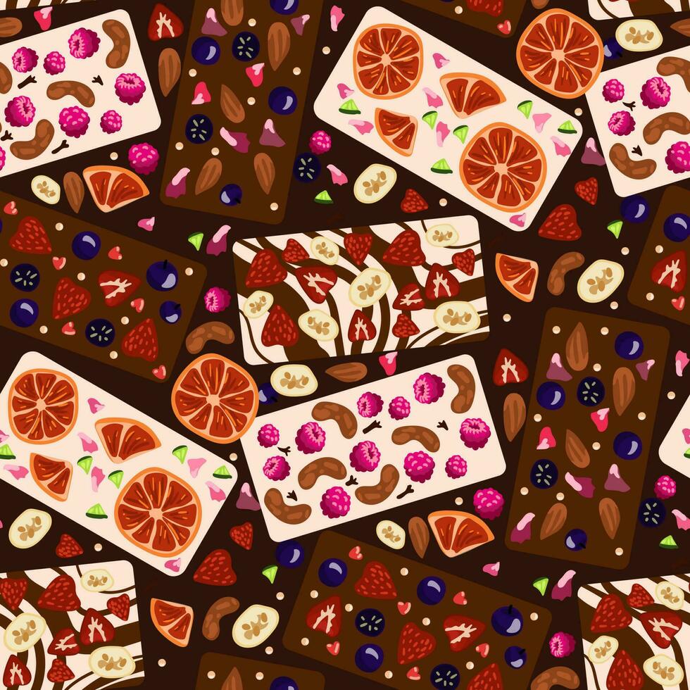 un modelo de oscuro y blanco chocolate losas con decorativo frutas y bayas. chocolate barras con hecho a mano decoración. sin costura para impresión en textiles y papel. regalo envase. mundo chocolate día vector