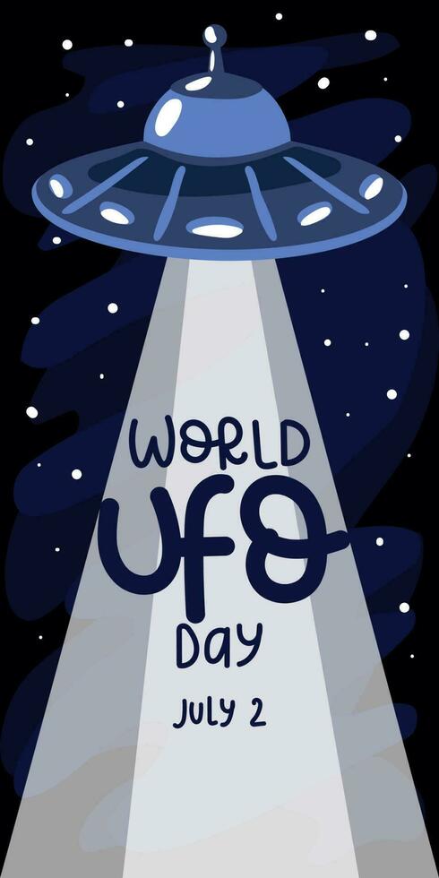 Banner for World UFO Day, celebrated on July 2. A cartoon plate of aliens with a beam of light illuminates the inscription in honor of the holiday. Printing postcards, flyers, banners for the holiday vector