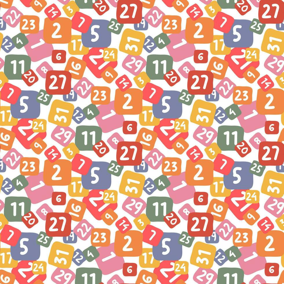 Color pattern of numbers in retro colors. Printing on textiles and paper. Chaotic scattering of square shapes with numbers forming a texture, background cover. Fat illustration. School, education vector