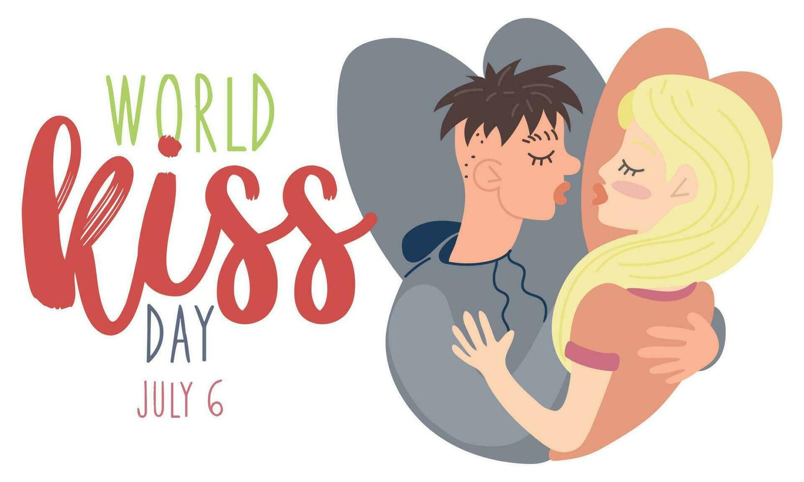 World Kissing Day. A young guy reaches out to the girl to kiss her. valentine's day. Abstract illustration of love. Magical feelings. For printing, posters, postcards. A gift for a loved one. Horizont vector