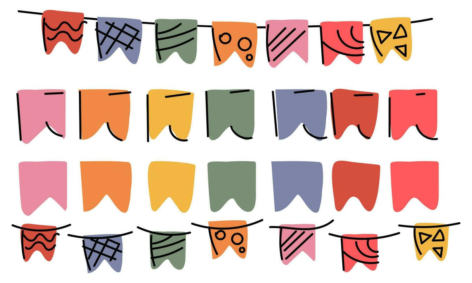 A set of square flags with decoration. Stickers for a diary, sketches, diary, printing. Colorful streamers and garlands to indicate joyful events in life. Holiday card vector