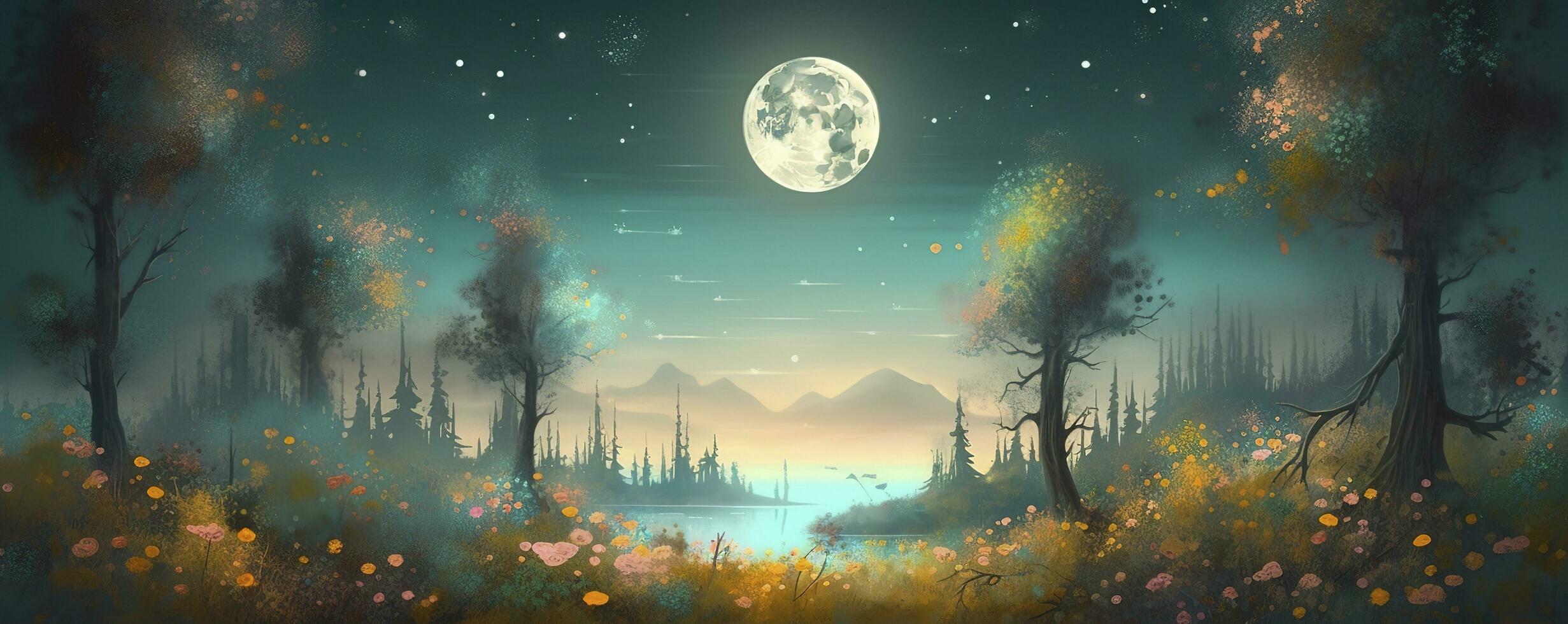night landscape environment harvest moon over a glittering lake lush vegetation birchwood trees, flowers, magical galaxy. 3d drawing digital art, generate ai photo