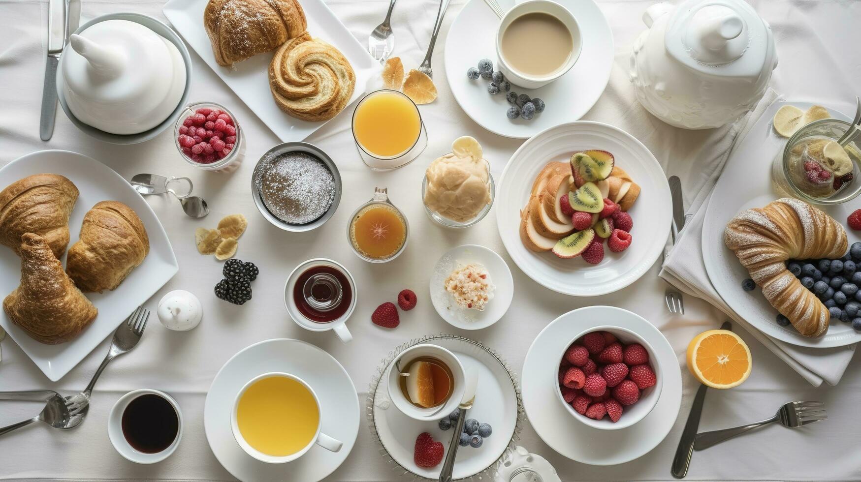 sano desayuno con harina de avena papilla, fresa, nueces, tostada, mermelada y té. parte superior vista, generar ai foto