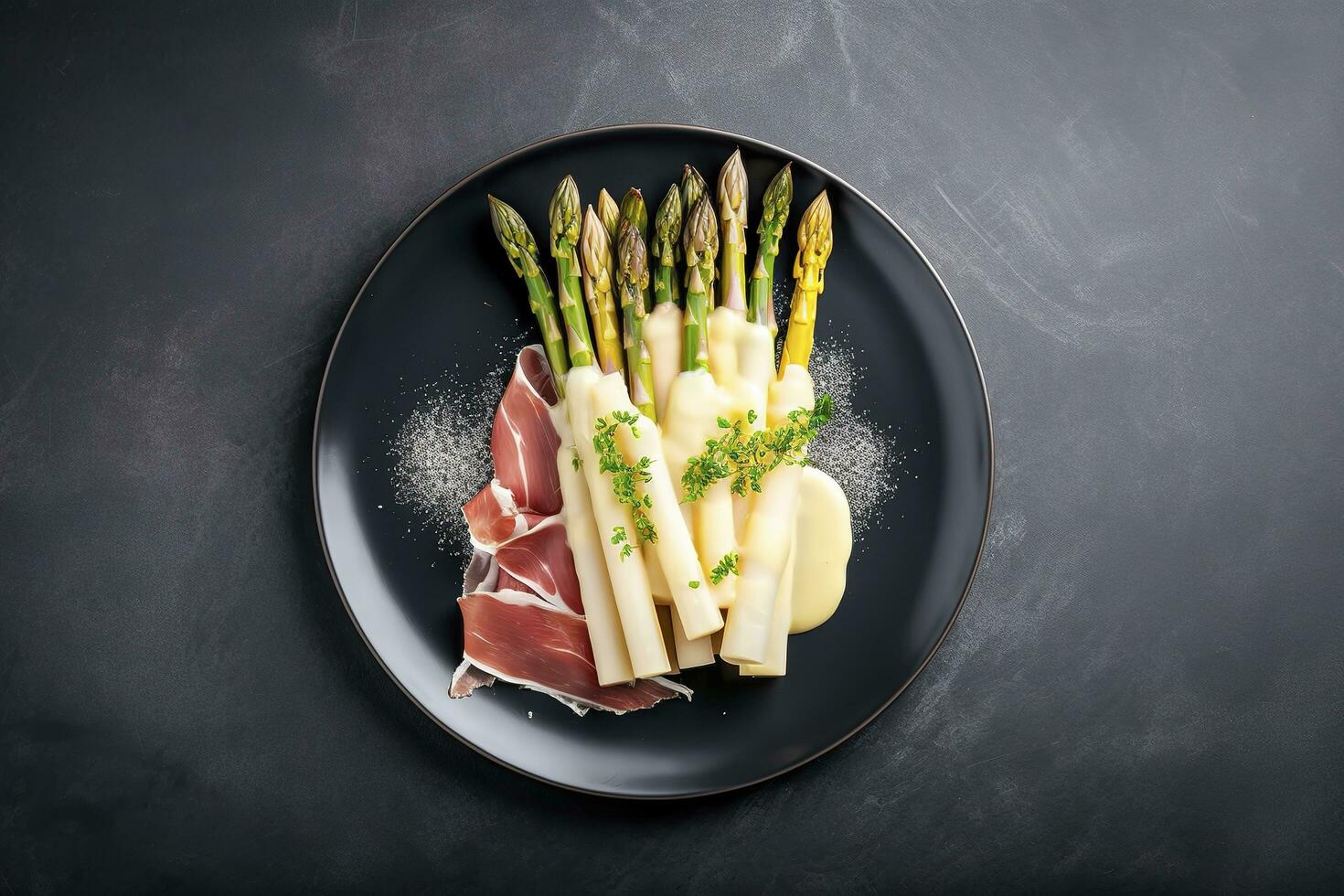 Modern Style Traditional Steamed White Asparagus with Cured Ham and Hollandaise Sauce Served as Top View on a Nordic Design Plate with Copy Space, generate ai photo