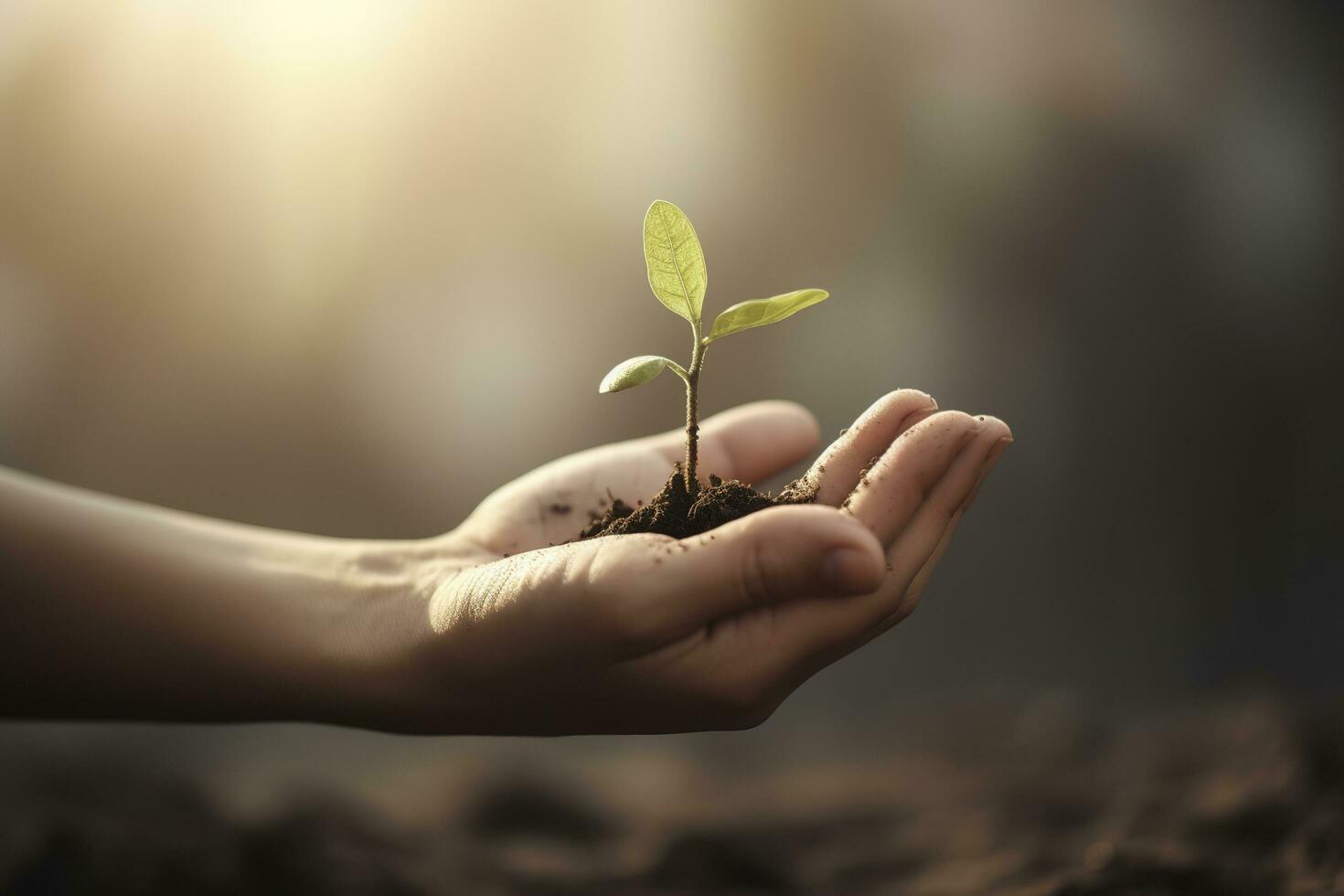 A child holding a plant in their hands with a green background and sunlight shining through the leaves on the plant, generate ai photo